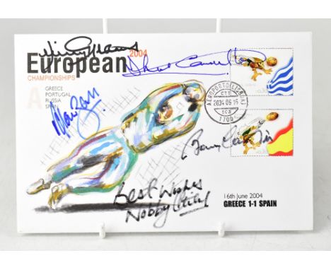 FOOTBALL; a European Championships 2004 first day cover bearing five signatures comprising Sir Bobby Charlton, Jack Charlton,