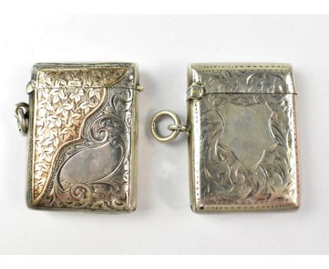 Two hallmarked silver vesta cases, one with all-over floral engraved pattern with half of the front overlaid with 9ct rose go