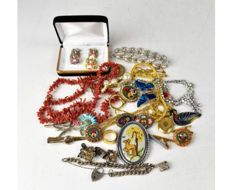 Various items of costume jewellery to include micromosaic brooches, embroidered brooches, tie clips, coral necklaces, cufflin