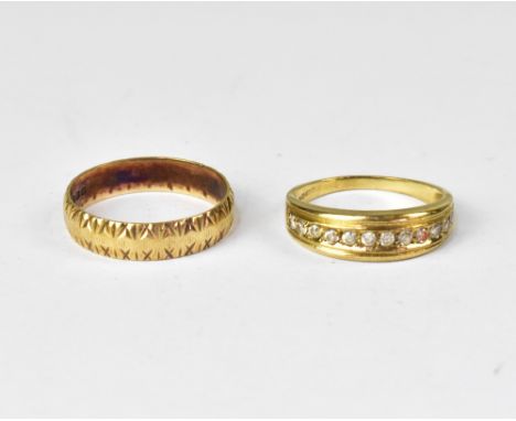 Two 9ct gold rings, one half eternity with pavé set row of tiny white stones, size N, and a textured band ring, size Q, combi