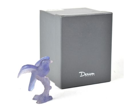 DAUM, FRANCE; a signed glass model of a bird preparing for flight on tree branch, height 9cm, boxed.