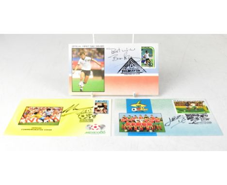 FOOTBALL; three first day covers bearing the signatures of Diego Maradona, Lionel Messi and Brian Robson (3).We have not auth