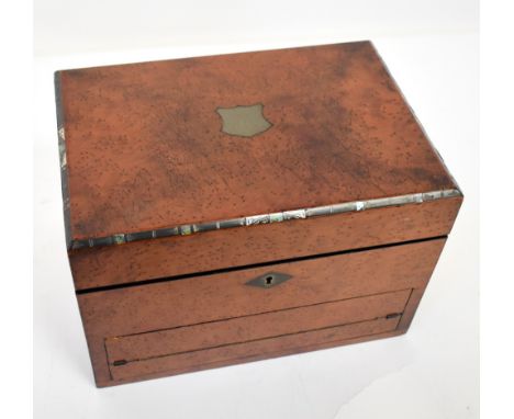 A late 19th/early 20th century maple and rosewood jewellery box/writing slope, the maple veneered exterior with mother of pea