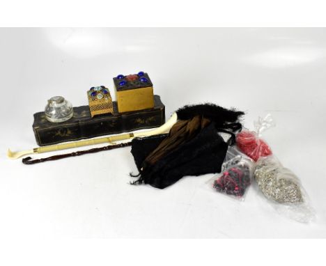 A quantity of vintage textiles and haberdashery, to include a large quantity of loose bugle beads and strung sequins, beaded 