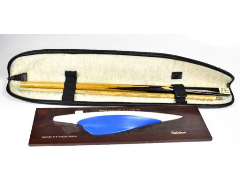 A 'Joe Davis 20 Years World Champion' two-piece snooker cue by Peradon &amp; Fletcher Ltd, in a fleece-lined vinyl carrying c