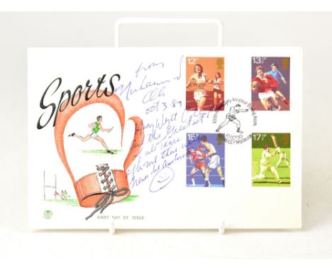 MUHAMMAD ALI; a 1980 first day cover bearing the boxing legend's signature, dated possibly 1987 and with further inscription.
