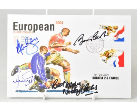 FOOTBALL; a European Championships 2004 first day cover bearing four signatures comprising Sir Bobby Charlton, Nobby Stiles, 