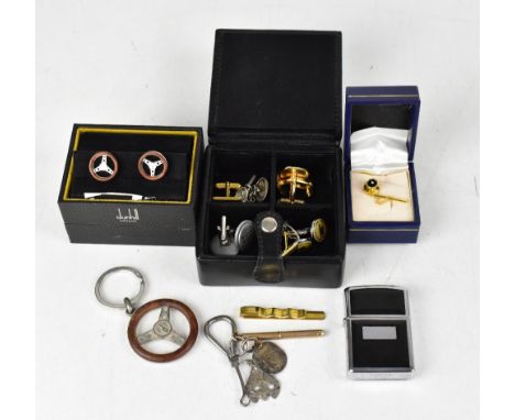 Various gentlemen's items to include Dunhill cufflinks in the form of classic car wooden steering wheels, in presentation box