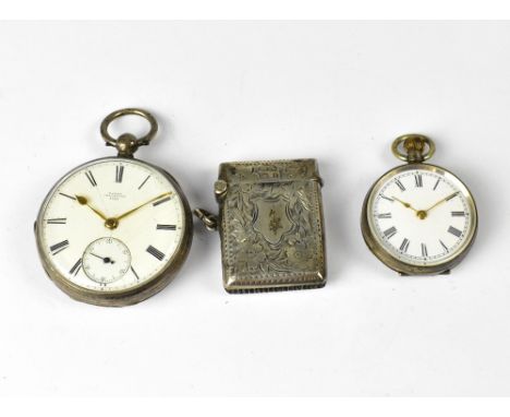 Two silver cased pocket watches comprising a Dawes of Islington open face example, the white enamelled dial set with Roman nu