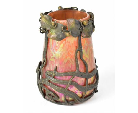 ATTRIBUTED TO LOETZ; an Art Nouveau ruby and green iridescent baluster vase with naturalistic iridescent metal overlay of lea
