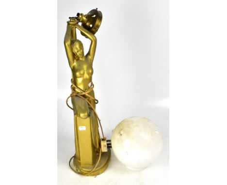 An Art Deco style table lamp modelled as a nude young woman holding aloft a globular shade, height 70cm (af). CONDITION REPOR