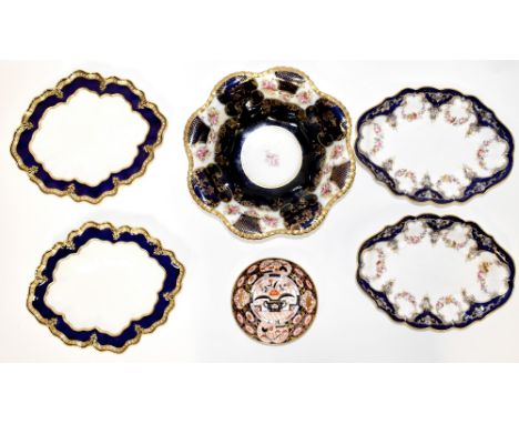 Six items of antique porcelain tableware to include two Edwardian Royal Worcester porcelain oval serving dishes dated 1905, d