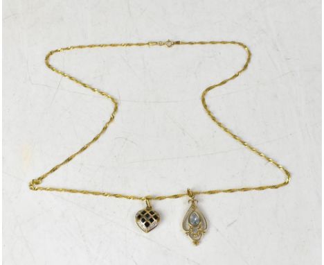 A 9ct gold dainty flat chain necklace, length approx 52cm and two pendants, one heart-shaped with a lattice set with eight sq