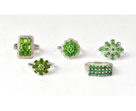 Five emerald and chrome diopside rings, comprising a fancy Russian-style chrome diopside open flowerhead ring, with approxima