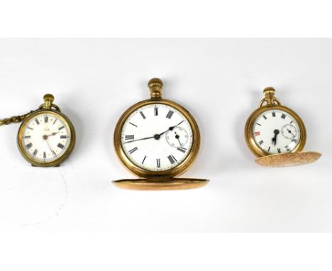 Three vintage pocket watches to include a gold plated full hunter example, the white dial with subsidiary seconds dial, a lad