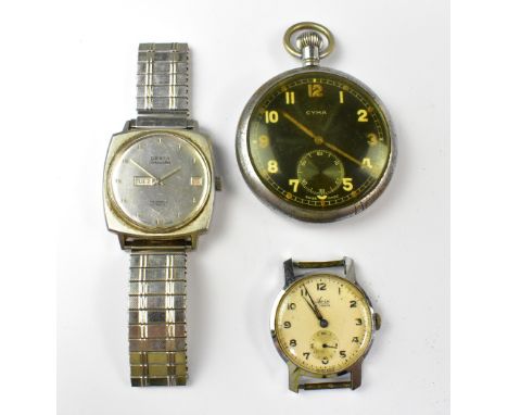 A Cyma military open faced chrome backed pocket watch, the black dial set with smaller subsidiary dial (lacking fingers), a g