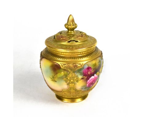 ROYAL WORCESTER; an early 20th century potpourri with pierced lid, four painted panels of Hadley roses (unsigned, artist unkn