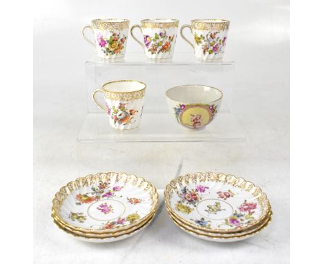 Various 19th century Continental porcelain items to include four Dresden hand painted coffee cans and six matching saucers de