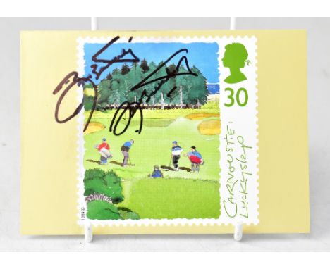 SEVERIANO BALLESTEROS; a card bearing the legendary golfer's signature.We have not authenticated this signature, please satis