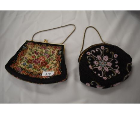 A 1930s extensively beaded French evening bag and a tapestry bag of similar age.