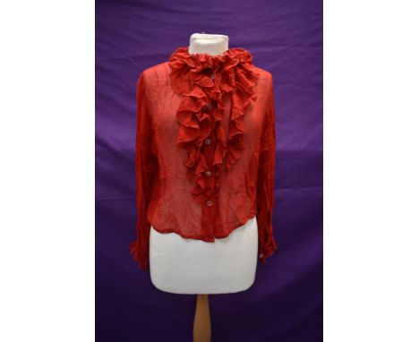 A red 1940s crepe georgette blouse having ruffled neckline, around an extra small in size.
Bust 38/40"
Length nape to hem at 