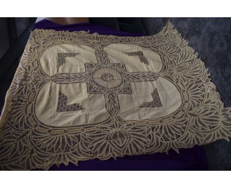 A vintage tape lace cloth or cover approx 86' by 98'.