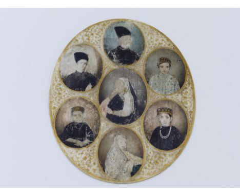 A MIDDLE EASTERN MINIATURE PORTRAIT FAMILY GROUP ON OVAL IVORY PANEL.11CM. 19TH CENTURY.