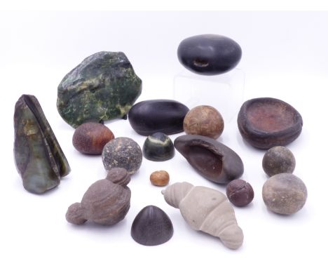 A GROUP OF ARCHAISTIC AND OTHER WORKED STONE ARTIFACTS AND SCHOLARS OBJECTS. A SHALLOW  STONE PESTLE, A JADE BOULDER WITH POL