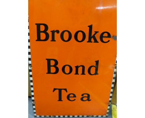 A BROOKE BOND TEA ENAMEL ADVERTISING SIGN AND RAILWAY LEFT LUGGAGE ENAMEL SIGN. LARGEST 51 X 76 CM