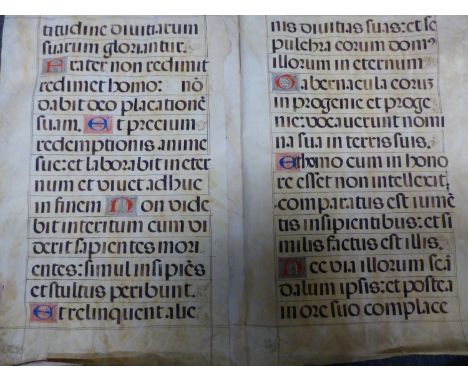 AN ILLUMINATED VELLUM MANUSCRIPT PAGE SECTION OF LATIN PLAINSONG C. 1540 TOGTHER WITH A LARGE FOILIO ILLUMINATED DOUBLE VELLU