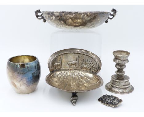 AN EARLY SILVER BOWL WITH DRAGON FORM HANDLES, INDISTINCT HALLMARKS TOGETHER WITH A SOUTH AMERICAN WHITE METAL SHELL FORM DIS