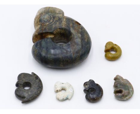 A GROUP OF SIX ARCHAISTIC CHINESE CARVED HARDSTONE AND JADE " PIG DRAGONS" 17TH CENTURY AND LATER. (6) LARGEST 14.5 CM.