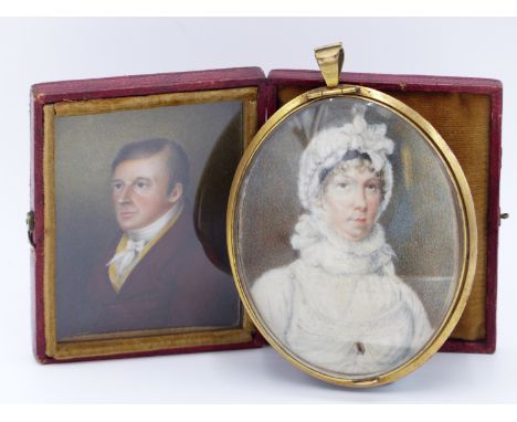 A 19TH MINIATURE PORTRAIT OF A LADY IN WHITE DRESS, MOUNTED IN A GILT PENDANT FRAME TOGETHER WITH A MINIATURE PORTRAIT OF A G