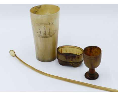 A 19TH CENTURY HORN BEAKER, SCRIMSHAW ENGRAVED WITH THREE MASTED SHIP THE SENTINEL AND COMPASS POINTS VERSO. TOGETHER WITH A 
