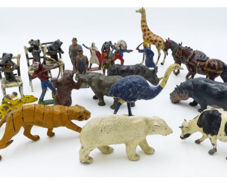 A LARGE COLLECTION OF VINTAGE DIE CAST  FARM AND WILD ANIMALS, THREE HUMEROUS CAT FIGURES, "COWBOYS & "INDIANS" ETC PRINCIPAL