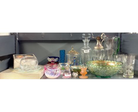 A quantity of vintage glassware including an engraved masonic decanter and Caithness items.