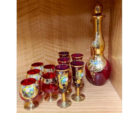 A Venetian glass decanter and liqueur glasses.