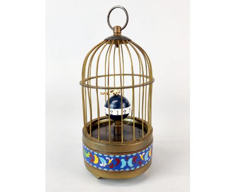 A cloisonne bird cage clock, H. 21cm.
