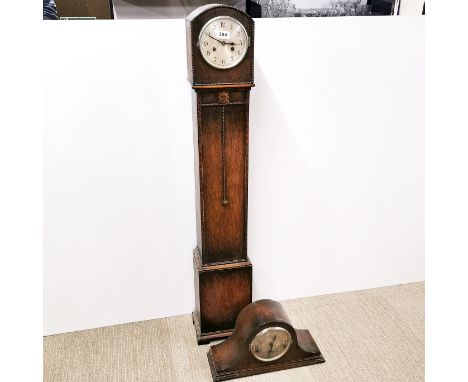 A 20th C carved oak cased granddaughter clock together with an oak cased Napoleon hat mantel clock, Largest H. 128cm.