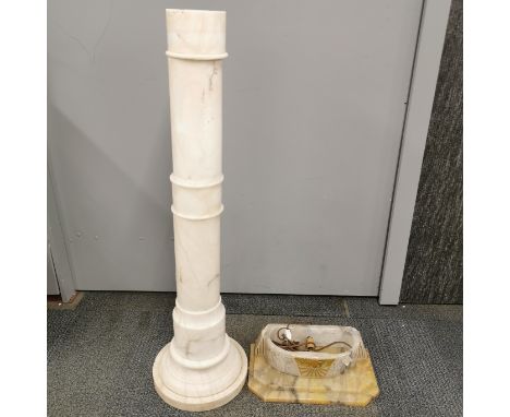 A polished alabaster pedestal (made in sections but without top), H. 102cm, together with a polished alabaster Egyptian style