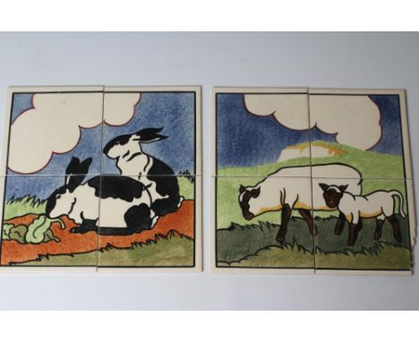 TWO CARTER'S POOLE POTTERY "FARMYARD SERIES" TILE PANELS - "EWE AND LAMB", numbered 3C, and "Rabbits", with two rabbits eatin