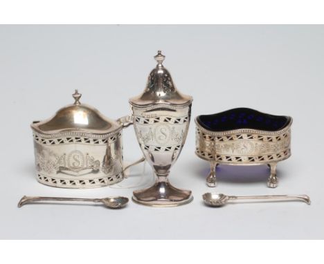 A SILVER THREE PIECE CRUET in George III style, maker's mark JCL, London 1968, of oval form with bright cut engraved foliate 