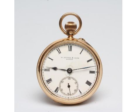 A LADY'S EDWARDIAN 18CT GOLD TOP WIND FOB WATCH, the white enamel dial inscribed "W Potts &amp; Sons, Leeds" with black Roman