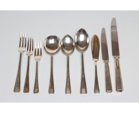 AN ART DECO "PLAIN PINE" PATTERN SILVER TABLE SERVICE for six place settings, maker Roberts and Belk, Sheffield 1959, all eng