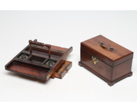 A GEORGIAN MAHOGANY TEA CHEST, third quarter 18th century, of oblong form, the hinged lid with brass loop handle opening to i