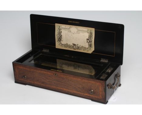 A VICTORIAN SWISS MUSICAL BOX, the comb and drum movement playing eight airs as listed on the transfer printed music sheet, d