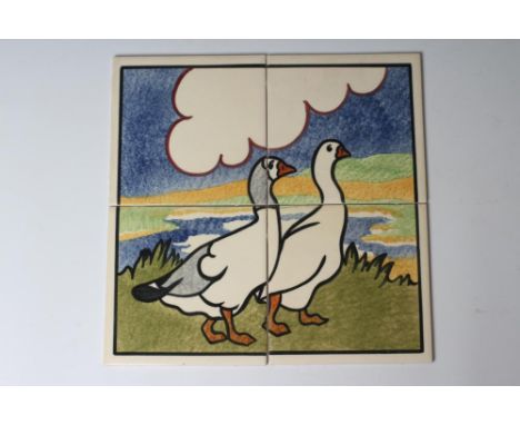A CARTER'S POOLE POTTERY "FARMYARD SERIES" TILE PANEL -"GEESE" - stencilled with two geese, each initialled I/C, 12" x 12" (E