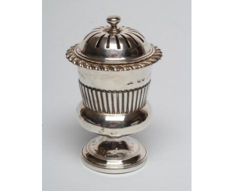 A GEORGE IV SILVER POUNCE POT, maker probably William Bell, London 1825, of semi fluted urn form engraved "M", with everted g