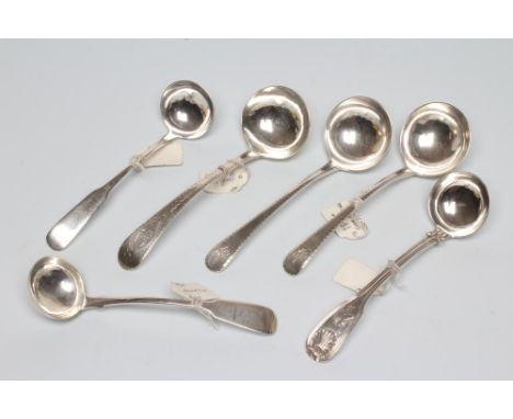 SIX GEORGE IV AND LATER SILVER LADLES, comprising a George IV Scottish fiddle pattern cream ladle, maker Forrests, Edinburgh 