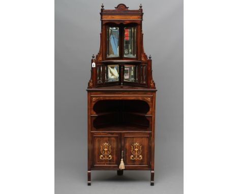 A LATE VICTORIAN ROSEWOOD AND MARQUETRY DISPLAY CORNER CUPBOARD, the mirror backed upper section with shelf on turned spindle